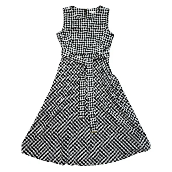 Sold - Calvin Klein Houndstooth Belted Sleeveless Midi Dress Size 12 - Picture 6 of 9